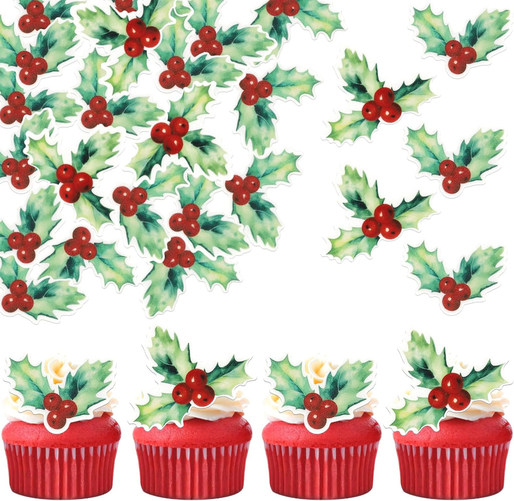 60 Pack Edible Christmas Holly Leaves Cake Topper Merry Christmas Cupcake Picks Water Paper New Year Xmas Cake Decorations for Boy or Girl Baby Shower Kids Birthday Party Supplies 2