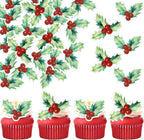 60 Pack Edible Christmas Holly Leaves Cake Topper Merry Christmas Cupcake Picks Water Paper New Year Xmas Cake Decorations for Boy or Girl Baby Shower Kids Birthday Party Supplies 2