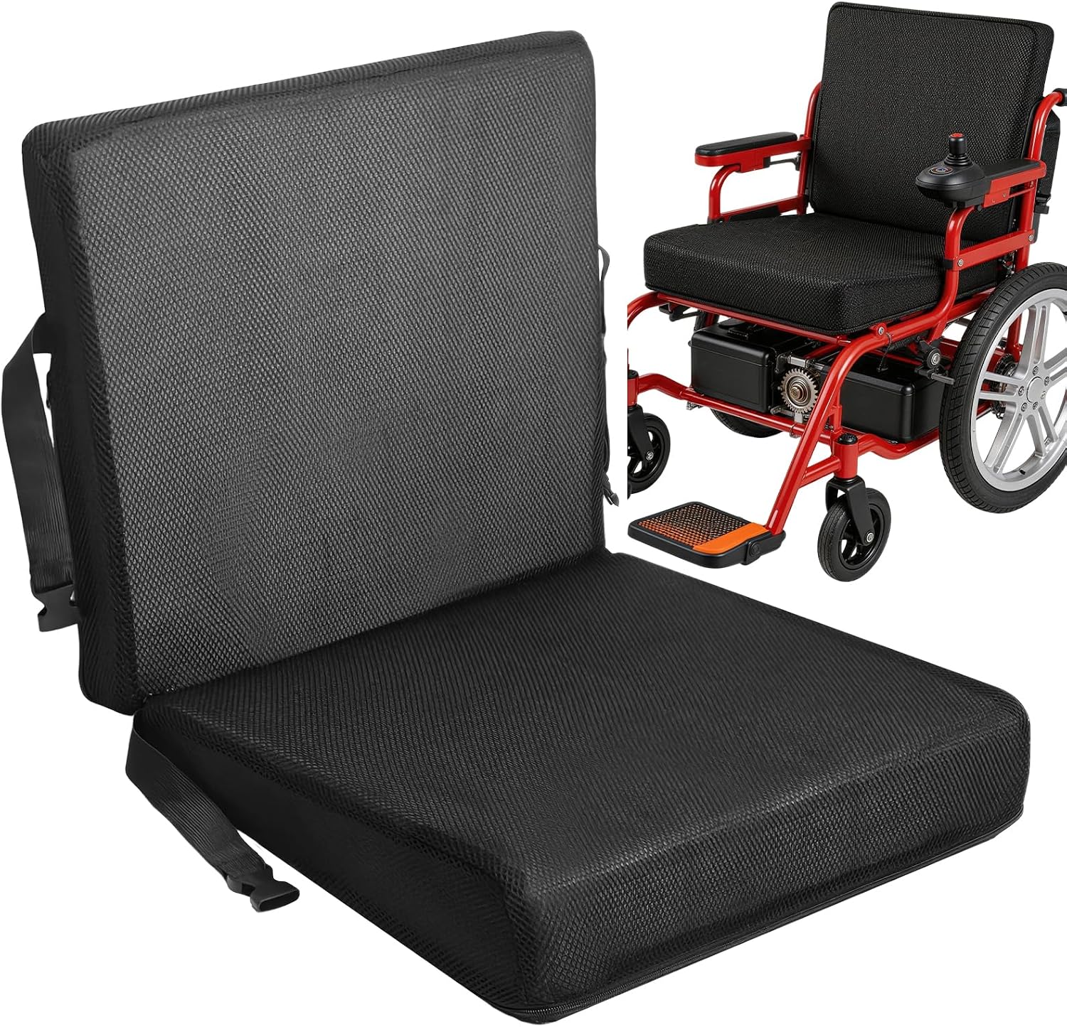 Wedge Wheelchair Seat Cushion with Backrest, High Density Foam Wheelchair Cushions Removable Cover with Zipper Adjustable Elastic Strap for Office Car Seat 16x18x2-4 Inch