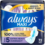 Always Maxi Overnight Pads with Wings, Size 5, Extra Heavy Overnight, Unscented, 72 Count