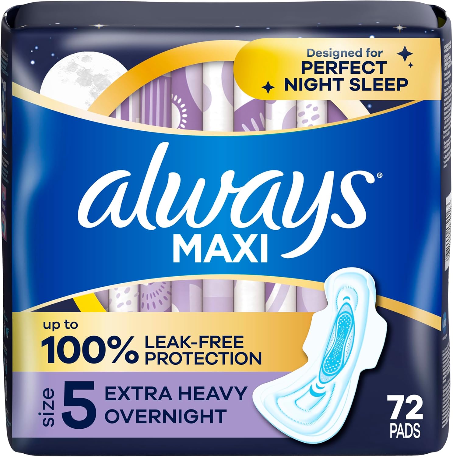 Always Maxi Overnight Pads with Wings, Size 5, Extra Heavy Overnight, Unscented, 72 Count