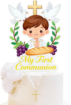 My First Communion Cake Topper, Boy with Cross, Doves, Bread and Grapes Design, Religious Party Decoration