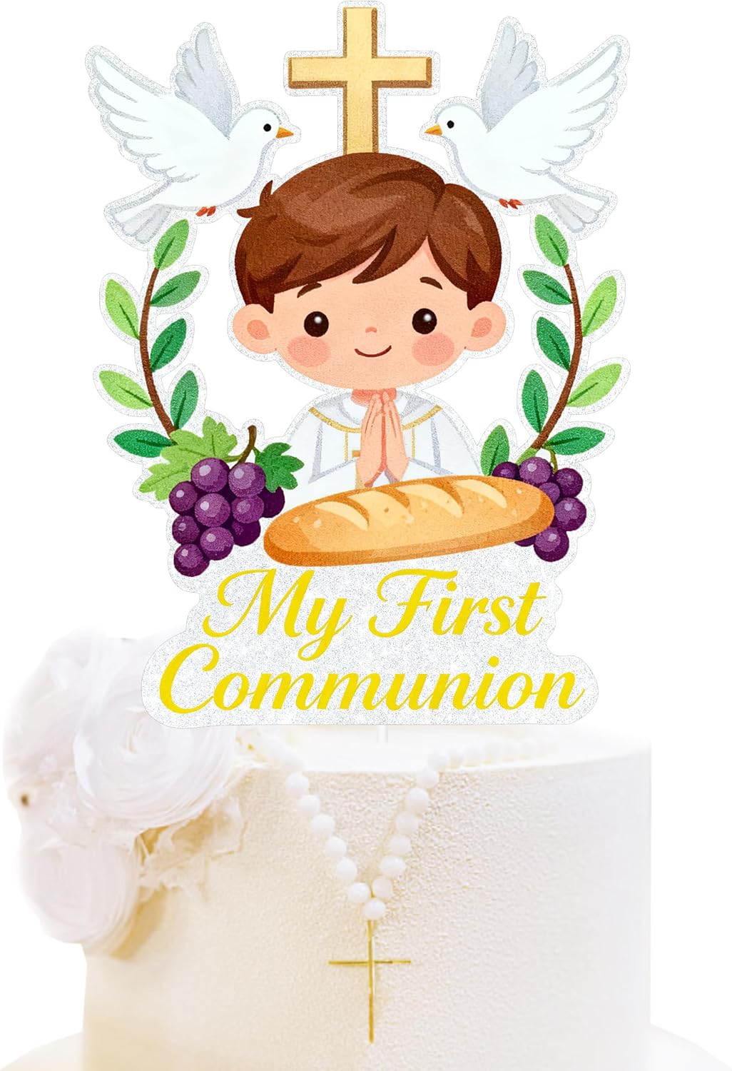 My First Communion Cake Topper, Boy with Cross, Doves, Bread and Grapes Design, Religious Party Decoration