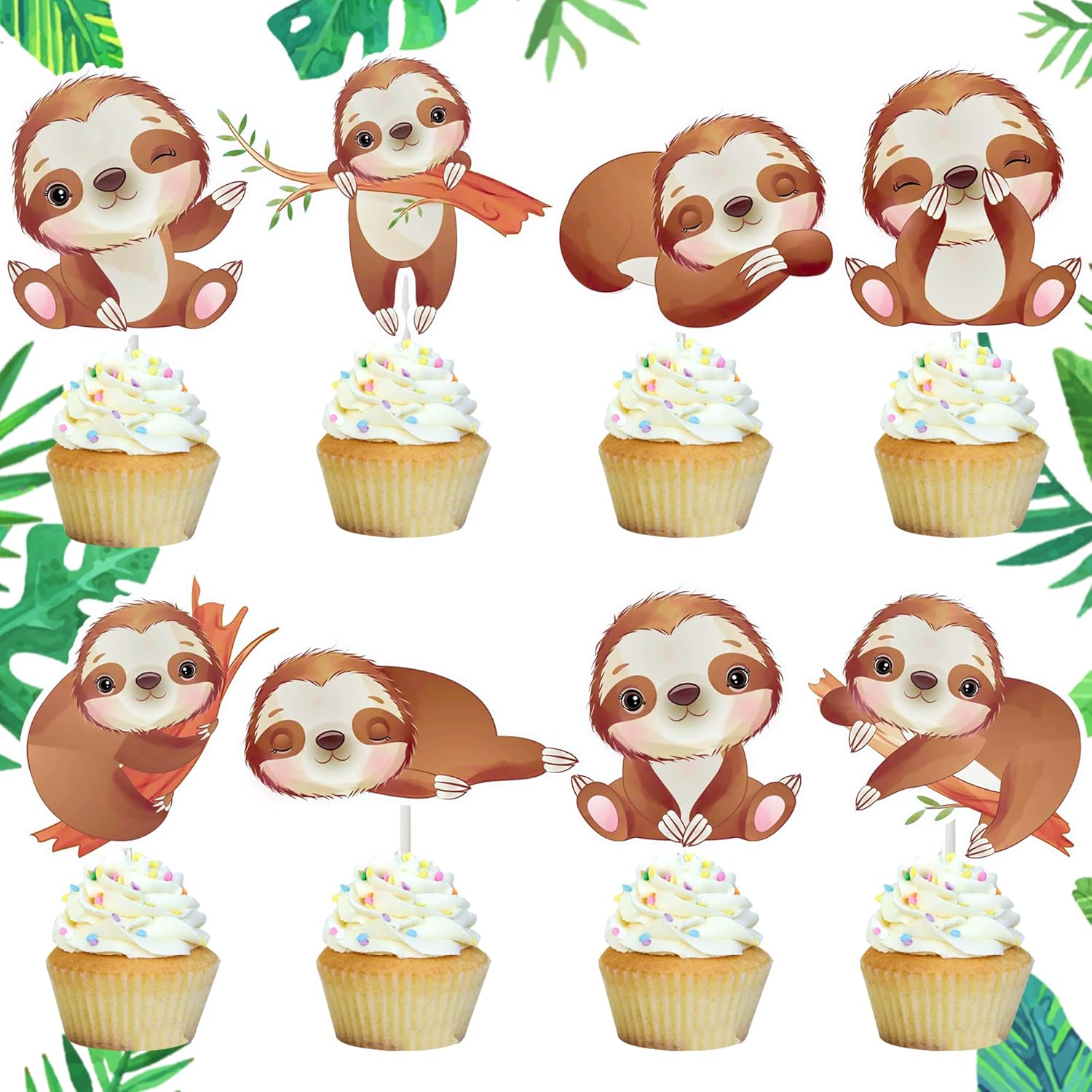 24Pcs Sloth Cupcake Toppers Sloth Party Decorations for Sloth Theme Animal Theme Birthday Party Supplies