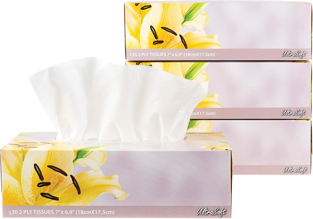 Facial Tissues 130 Per Box, Size 7" X 6.9" 2 Ply, Great for Bathroom, Office, Store, School, Home, Kitchen, Or in Your Car & in Every Room (Pack of 4, 520 Tissues total)