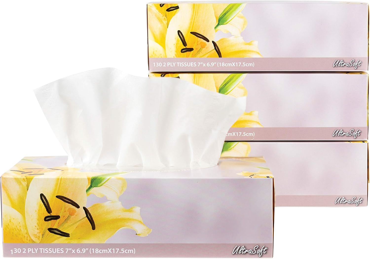 Facial Tissues 130 Per Box, Size 7" X 6.9" 2 Ply, Great for Bathroom, Office, Store, School, Home, Kitchen, Or in Your Car & in Every Room (Pack of 4, 520 Tissues total)