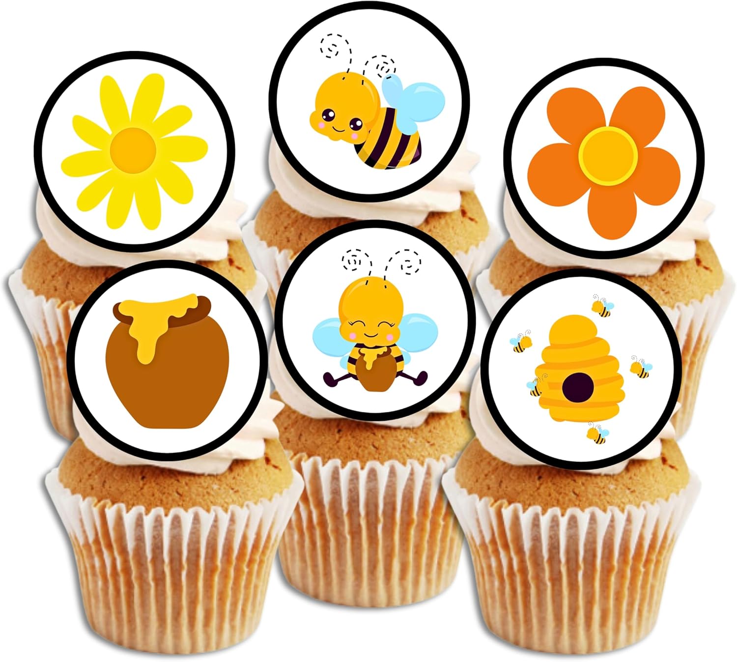 Cute Bumble Bee Theme Edible Cupcake Toppers for Baby Showers and Birthday Cake Decorations 24 x 1.5 inch / 4cm Wafer Card Discs (UNCUT)