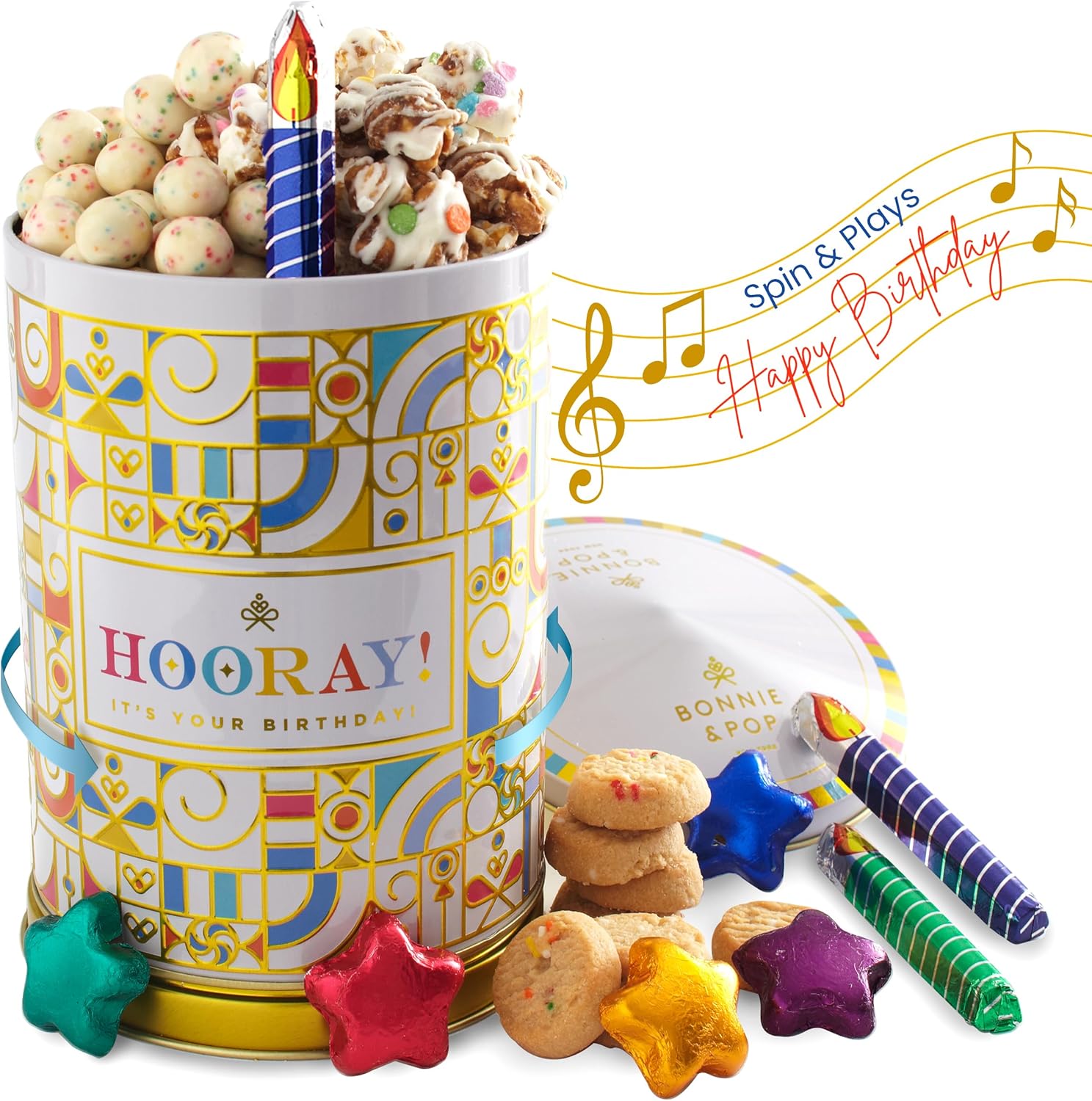 BONNIE AND POP - Birthday Gift Basket | Birthday Cookies, Sweets, Candy, Cake Flavors | Tin Spins, Plays Music Happy Birthday | Bonnie and Pop