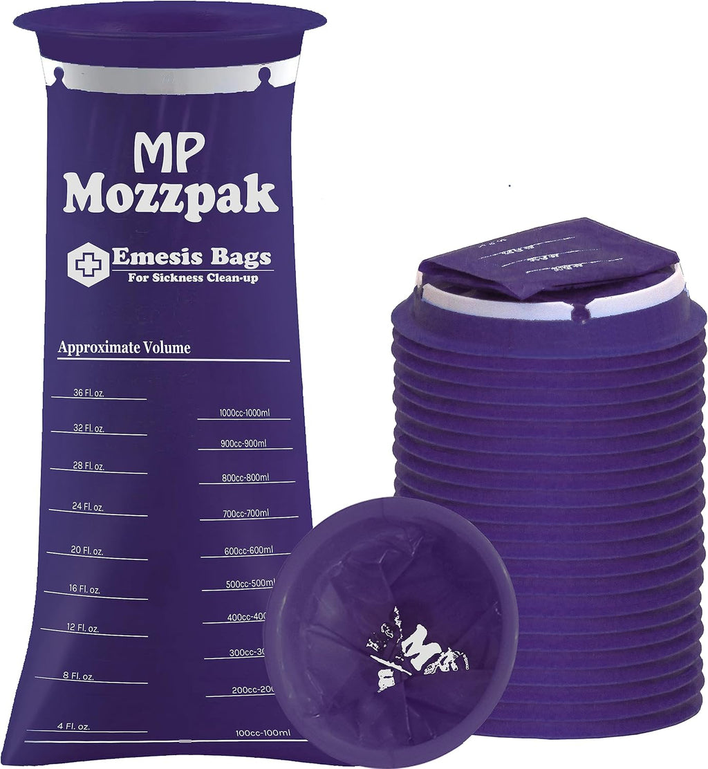 MP MOZZPAK Vomit Bags Disposable 24 Pack - 1000ml Emesis Bags, Leak-Proof Barf Bag, Travel Friendly Puke & Nausea Bag for Motion Sickness, Medical Grade Throw up Relief for Car, AirPlane, & Road Trip