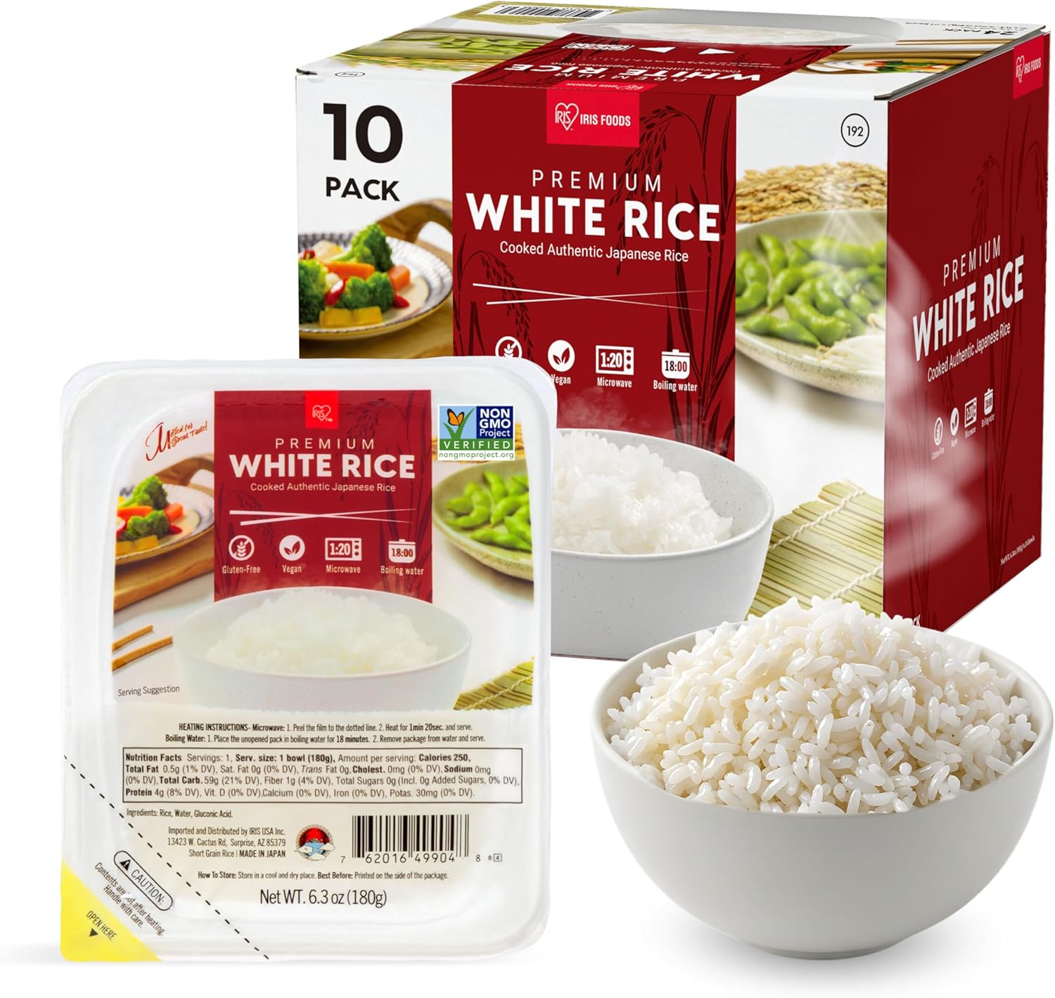 IRIS Instant White Rice (10 Pack), Ultra Premium Japanese Short Grain Sushi Sticky Rice, Microwave for 80 seconds, Non-GMO Gluten Free Vegan, Grown Polished and Packed in Japan