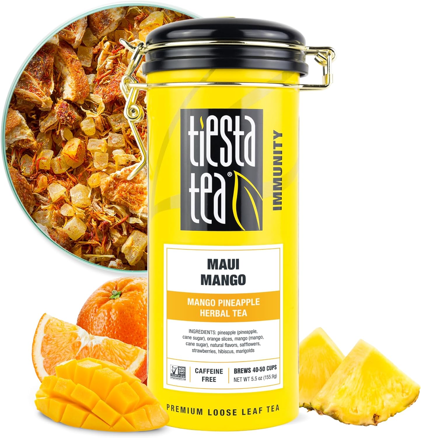 Tiesta Tea Maui Mango, Loose Leaf, Mango Pineapple Herbal Tea, Premium Non-Caffeinated Fruit Blend, Makes Hot or Iced & Brews Up to 50 Cups, 5.5 Ounce Refillable Tin
