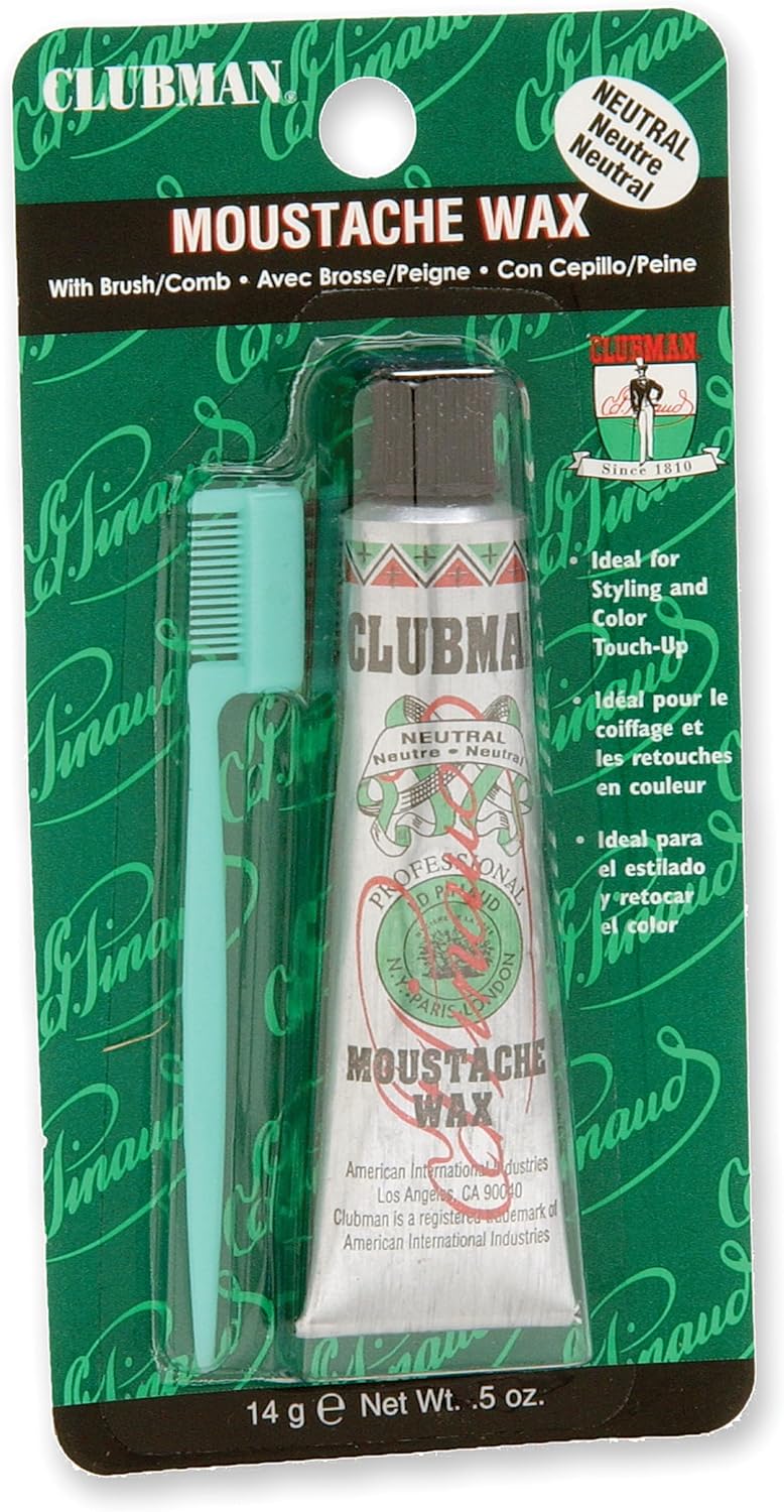 Clubman Moustache Wax – Mustache Wax for Men Strong Hold, Neutral Color, Includes Styling Brush, Hang Pack, 0.5 oz