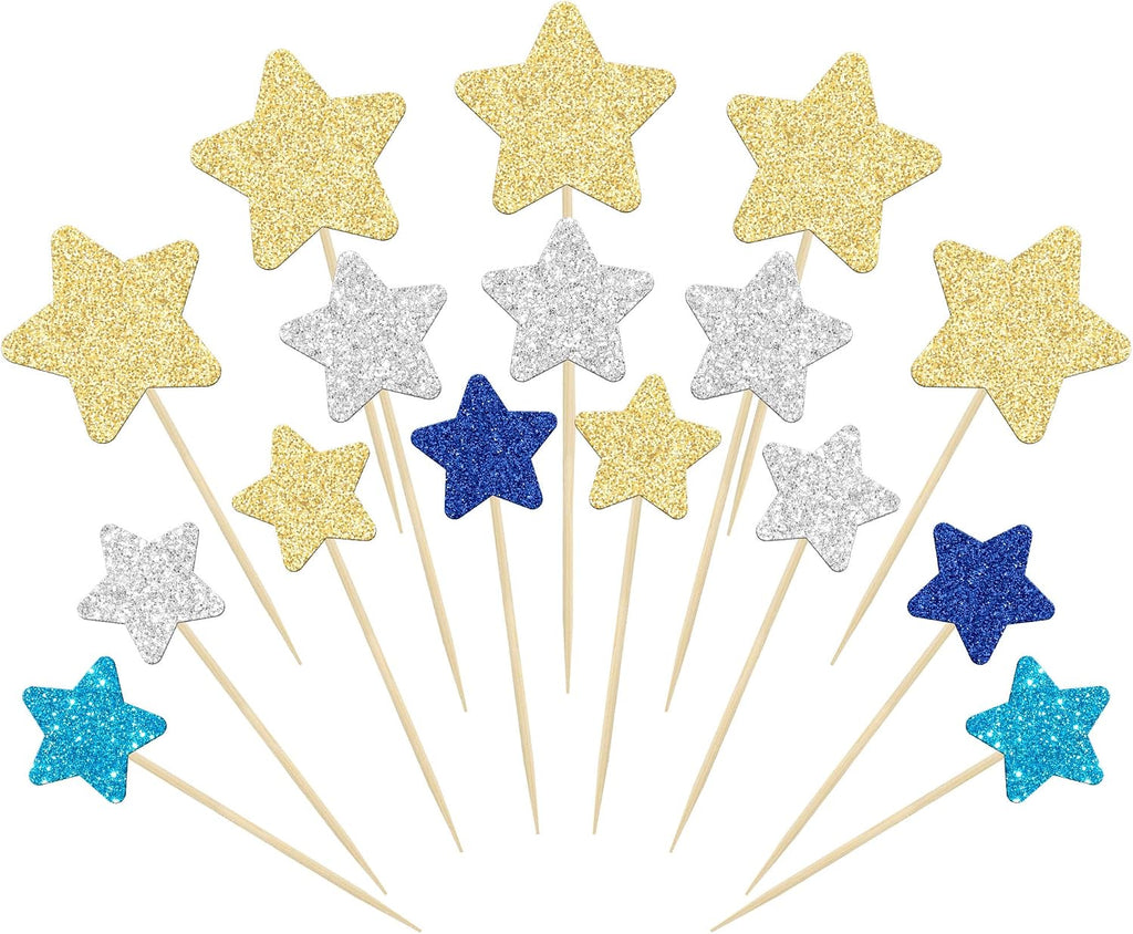 Gyufise 42Pcs Star Cupcake Toppers Gold Silver Blue Glitter Mixed Size Twinkle Little Star Cupcake Picks Decorations for Wedding Engagement Baby Shower Birthday Party Supplies