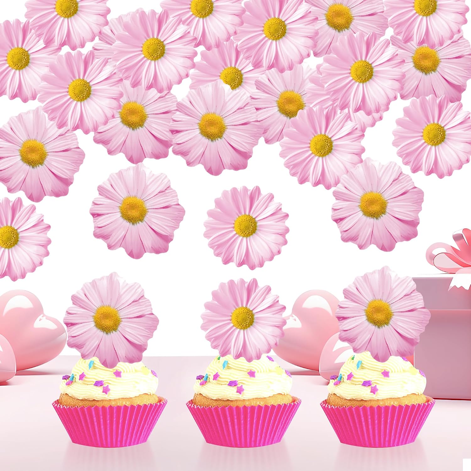 60Pcs Edible Daisy Cupcake Toppers Wafer Paper Flower Cake Topper Decorations Flower Chrysanthemum Party Decorations for Birthday Wedding Kids Birthday Party Supplies Pink