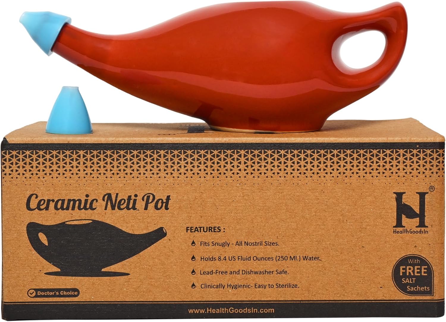 HealthGoodsIn Ceramic Neti Pot, Dishwasher Safe, Premium Handcrafted with 2 Silicone Nozzle and Salt for Sinus - 225 Ml. Capacity (Brown)