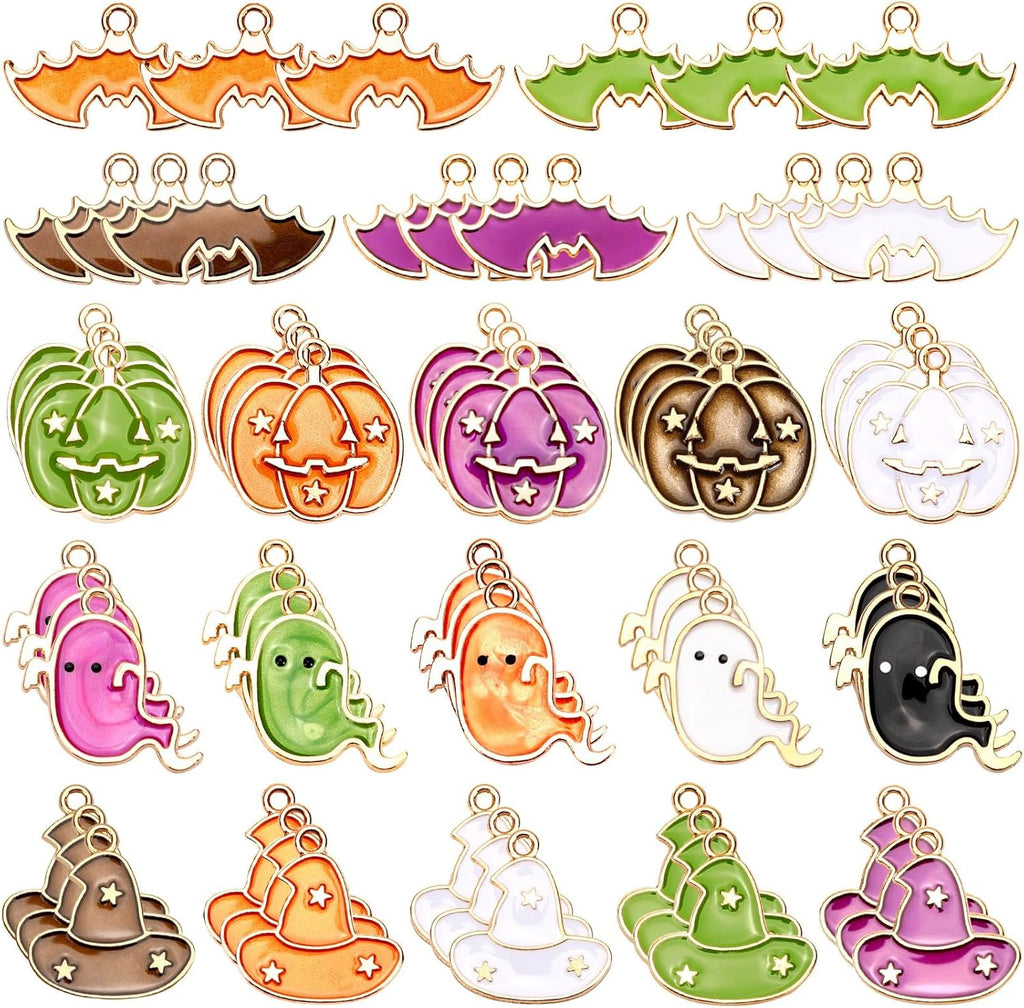 60Pcs Halloween Charms, Halloween Decorations Charms for Jewelry Making, Mixed Pumpkin Ghost Bat Witch Hat Enamel Pendants for Bracelets Necklaces Earrings Making and Crafting