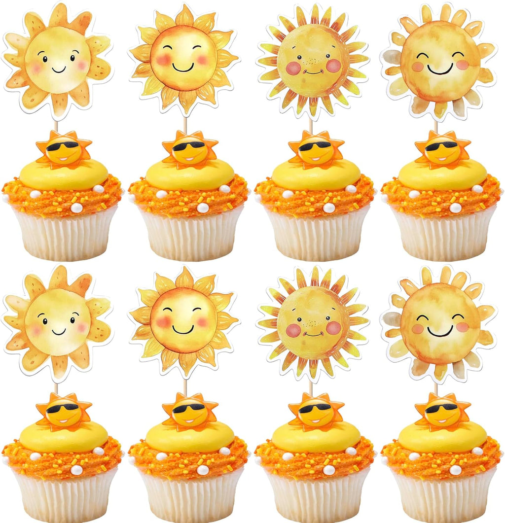 Rsstarxi 36 Pack Sun Cupcake Toppers - Sun Flower Smiley Sunshine Cupcake Picks Decorations for Summer Theme Baby Shower Birthday Party Cake Decorations