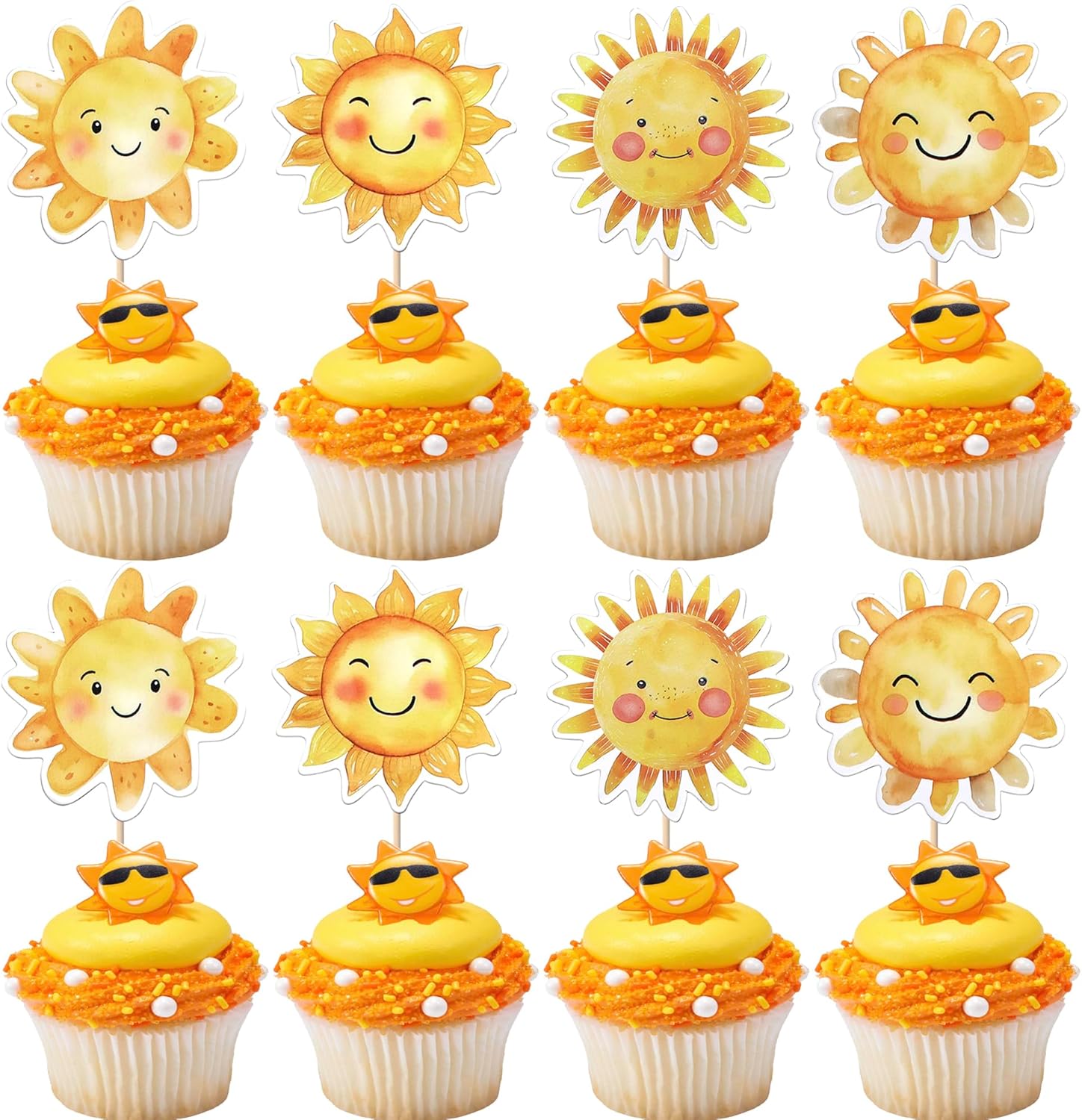 Rsstarxi 36 Pack Sun Cupcake Toppers - Sun Flower Smiley Sunshine Cupcake Picks Decorations for Summer Theme Baby Shower Birthday Party Cake Decorations