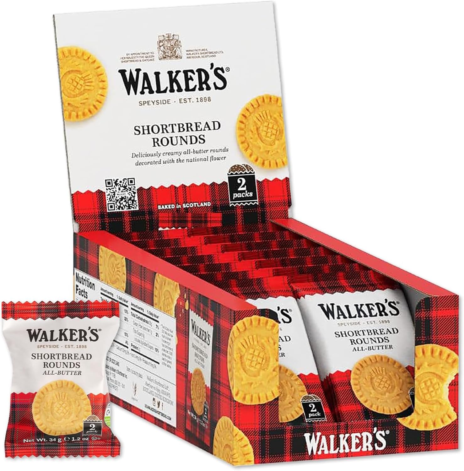 Walker's Shortbread Rounds, Pure Butter Shortbread Cookies, Snack Pack, 1.2 Oz (Pack of 22)