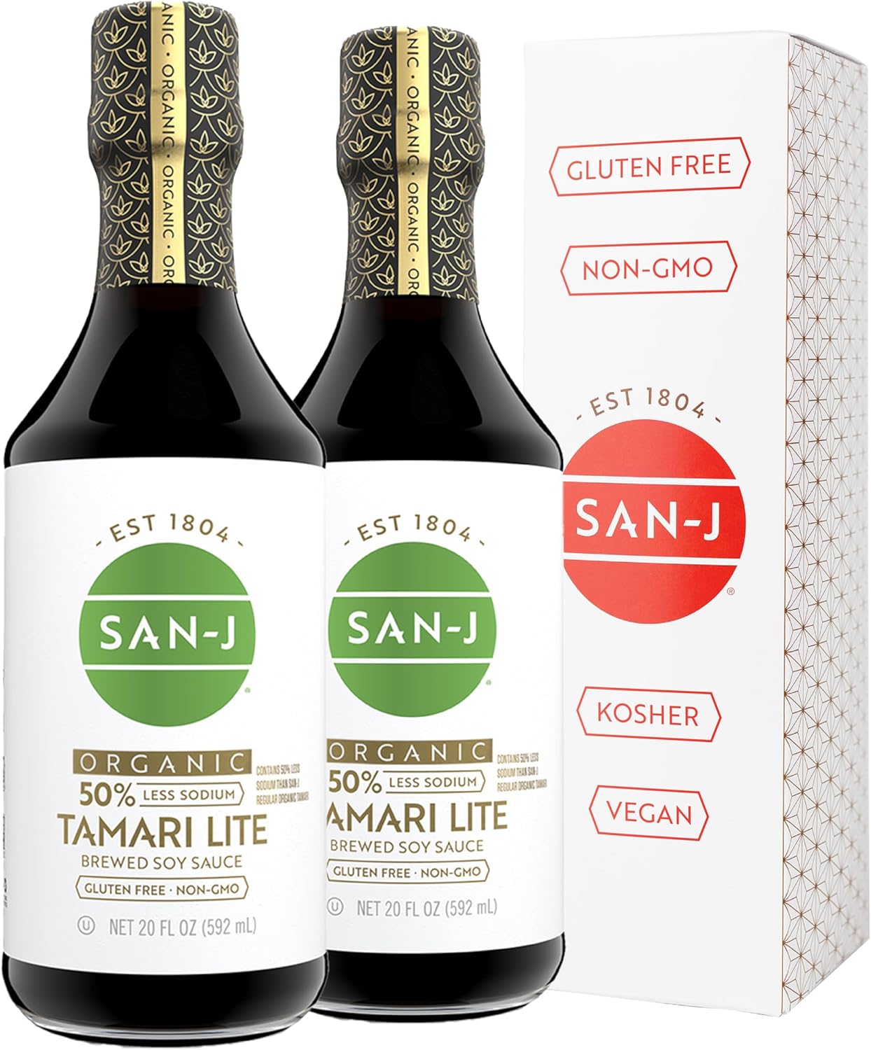 San-J - Organic Gluten Free Tamari Soy Sauce with 50% Less Sodium - Made with 100% Whole Soy - Specially Brewed - 20 oz. Bottles - 2 Pack