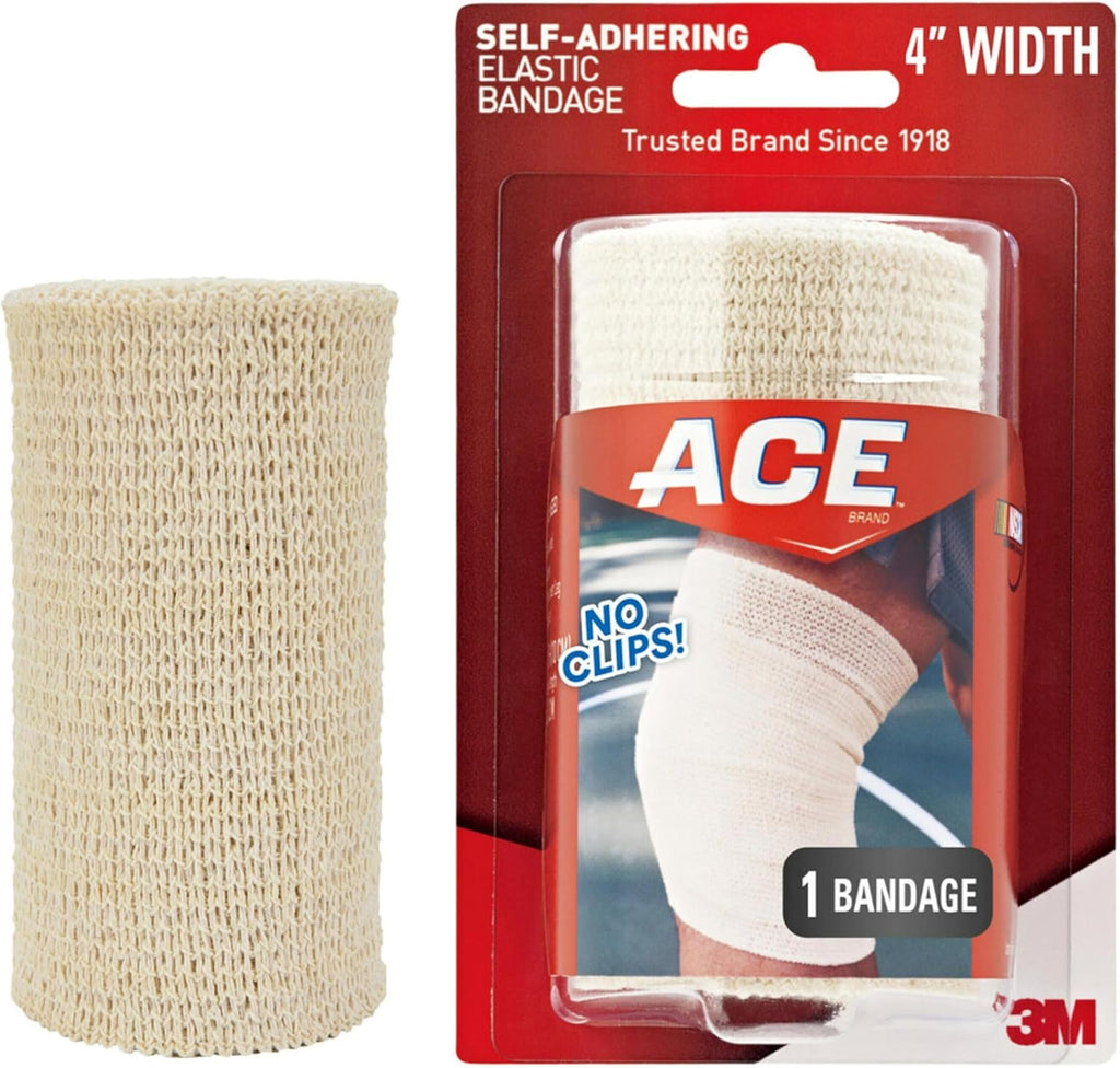 ACE 4 Inch Self-Adhering Elastic Bandage, No Clips, Beige, Great For Leg, Shoulder And More, 1 Count