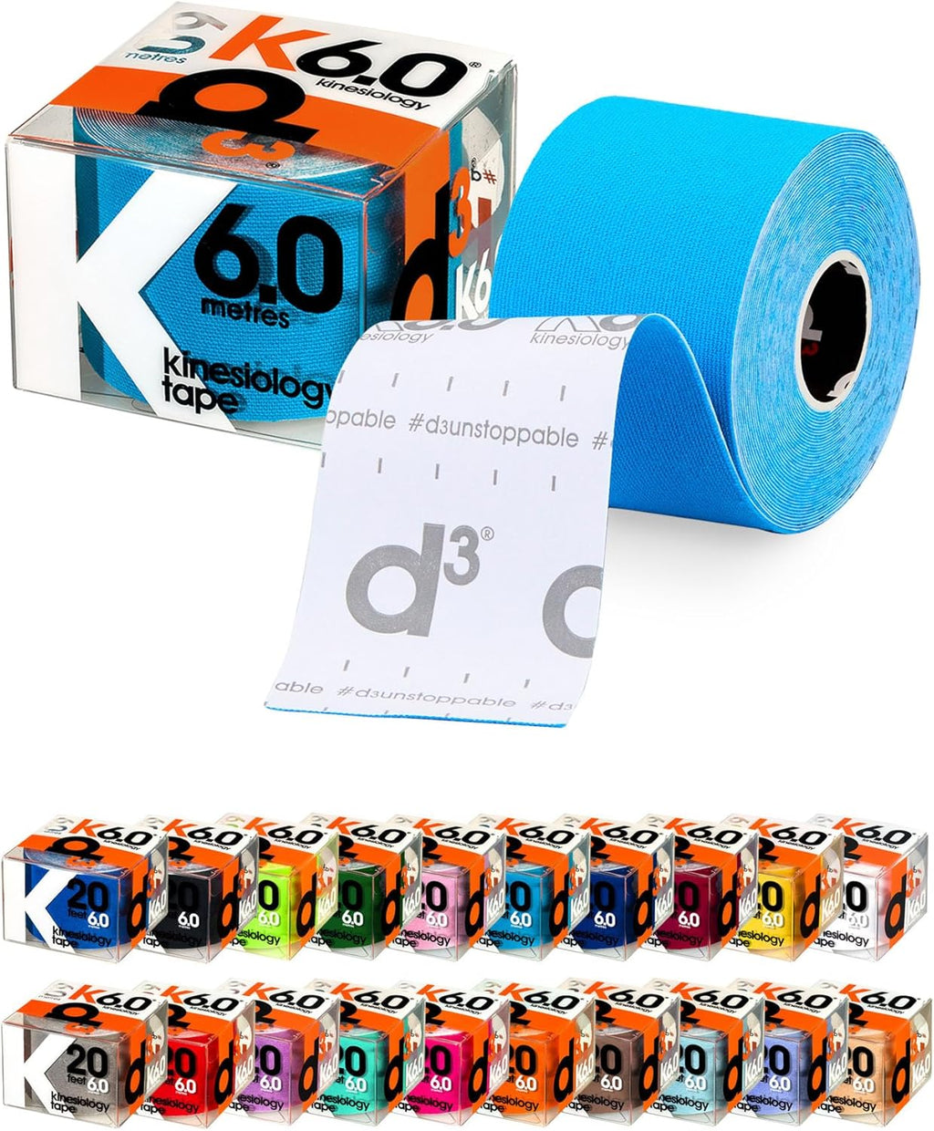 d3 K6.0 Kinesiology Tape 2in x 20Ft – Electric Blue Athletic Tape for Joint Support, Pain Relief & Muscle Recovery | Water Resistant & Hypoallergenic for Knee, Shoulder & Back – Uncut Roll