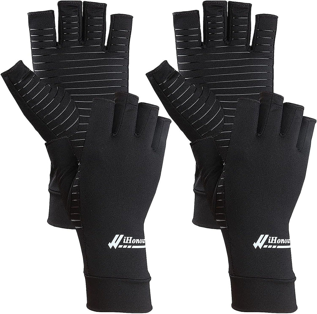 2 Pairs Copper Arthritis Gloves - Compression Gloves for Arthritis Pain Relief Rheumatoid Osteoarthritis Carpal Tunnel, Fingerless Copper Gloves for Typing, Daily Work - for Women Men Black (Medium)