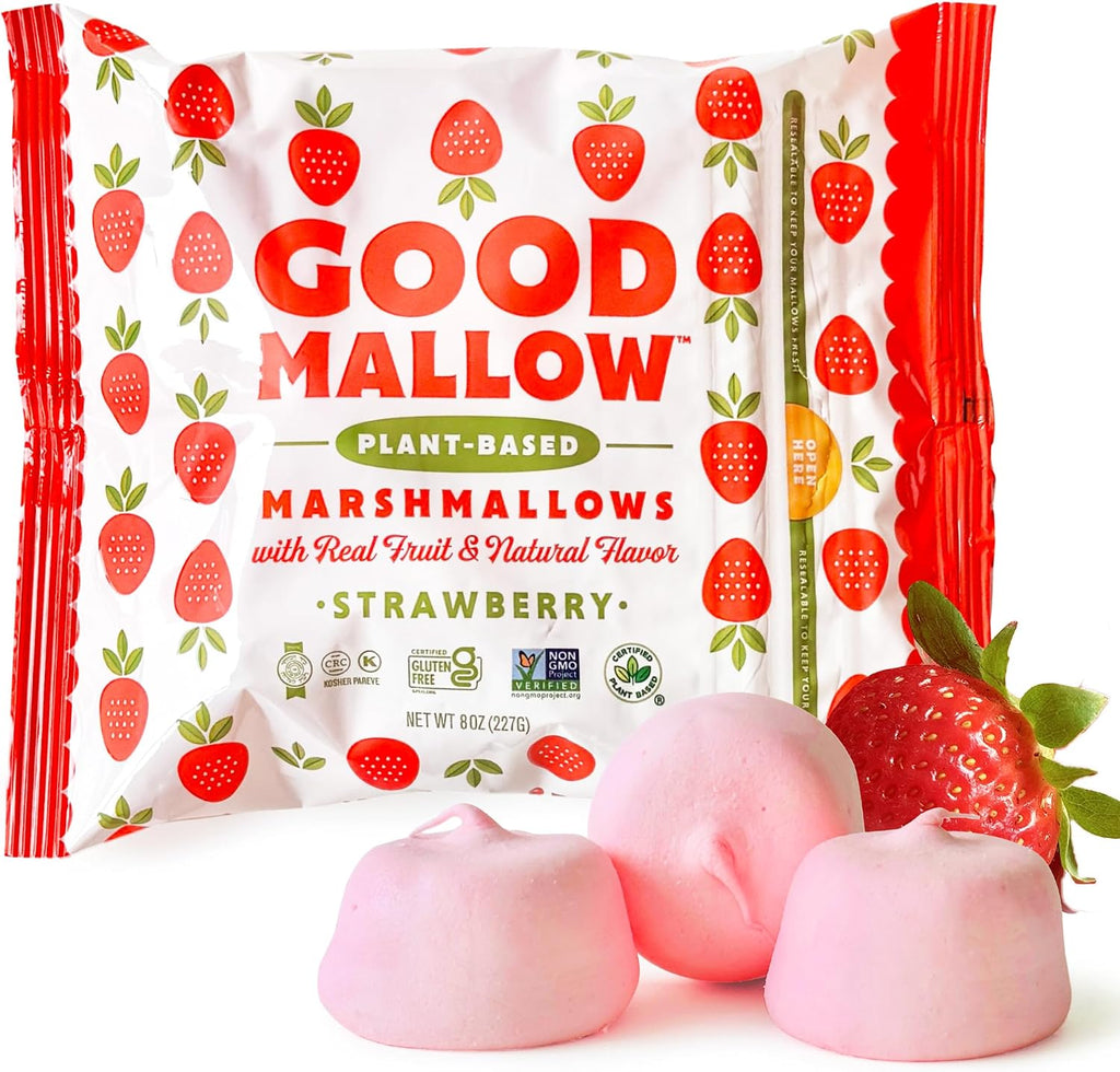 GoodMallow Vegan Marshmallows - Large Kosher Gluten Free Dairy Free Healthy Marshmallows - 8 Oz. Natural Gelatin Free for Hot Chocolate, Smores, Baking - Nothing Artificial - Pink Strawberry