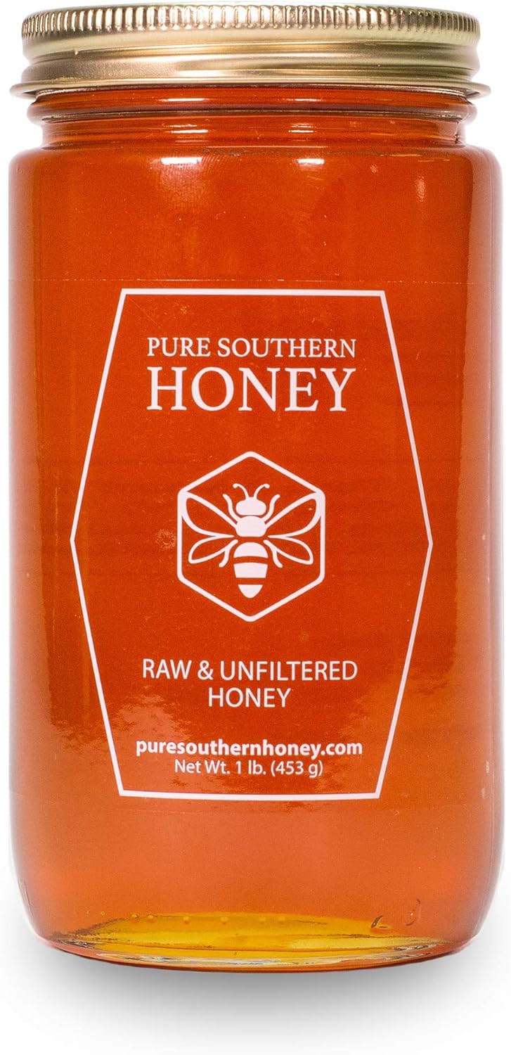 100% Authentic, USA - Made Raw Unfiltered Honey, Made by Pure Southern Honey [ 1 lb] - Unheated - Non - GMO, No Additives, All - Natural Sweetener- Environmental-Friendly Glass Jar