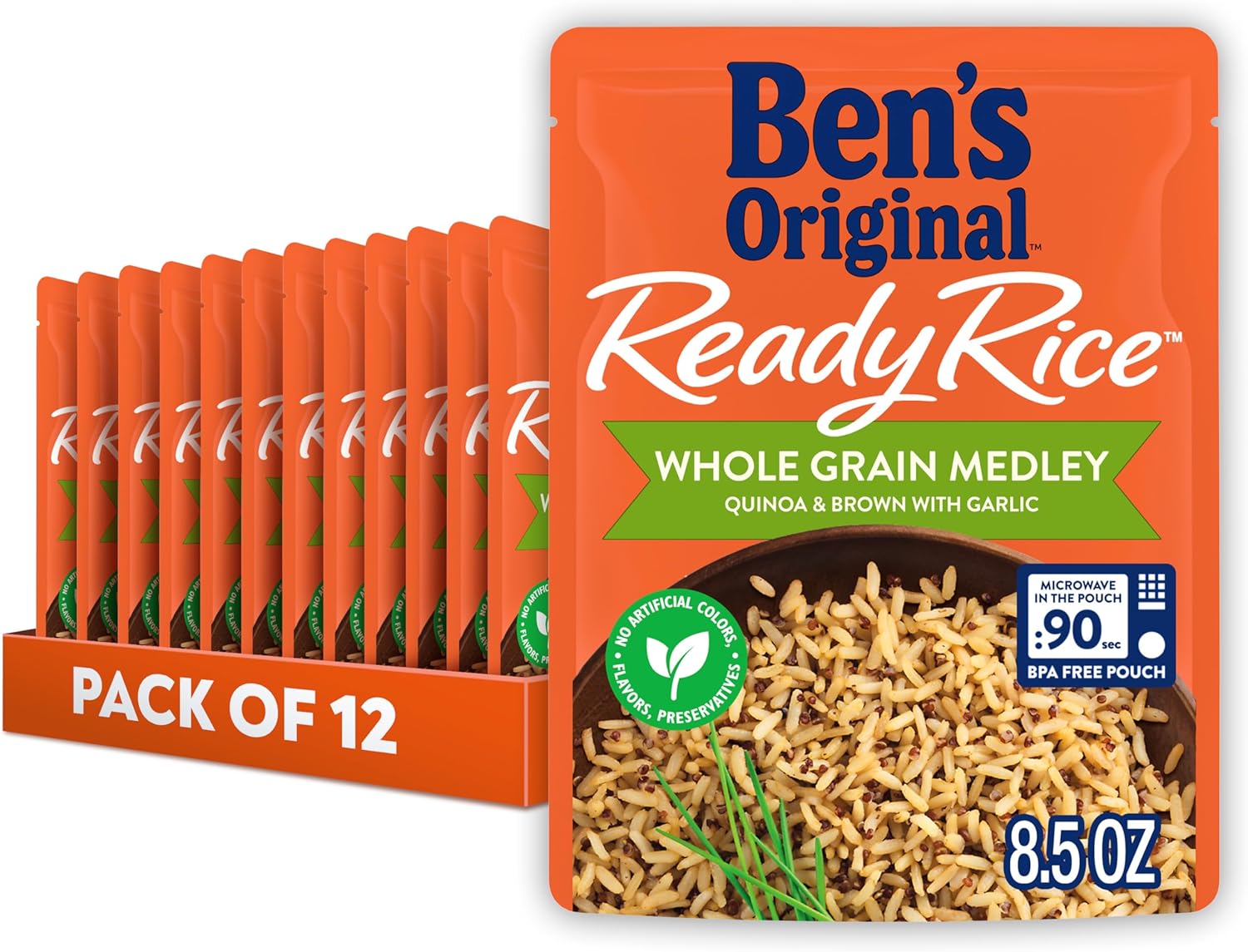 BEN'S ORIGINAL Ready Rice Whole Grain Medley Quinoa and Brown Flavored Rice, Easy Dinner Side, 8.5 oz Pouch (Pack of 12)