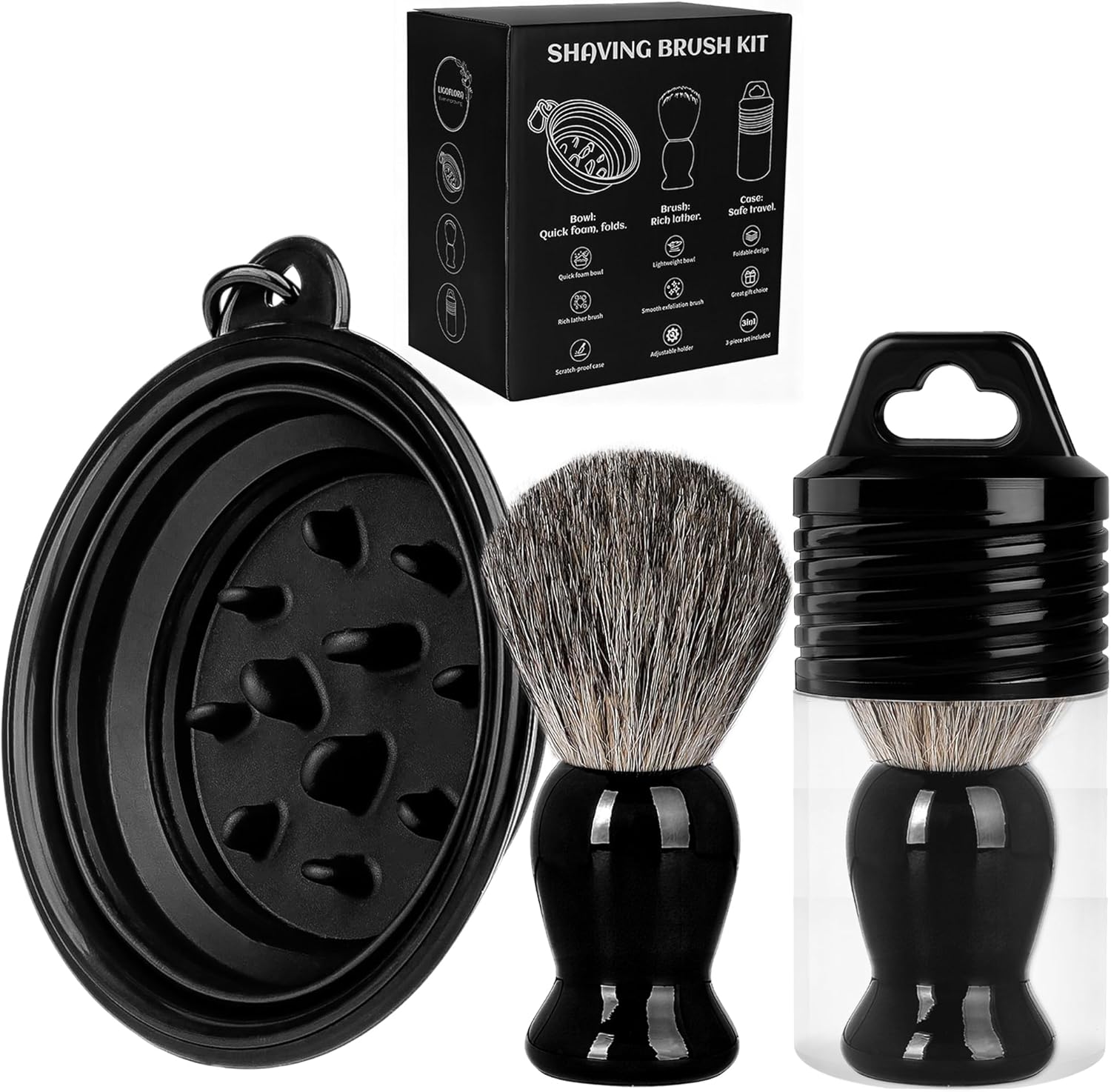 Shaving Brush Set for Men,3 in-1Natural Badger Hair Shaving Brush,Foldable Silicone Bowl, Spiral Opening Brush Case, Portable Wet Shave Gifts Used in Home and Travel (Black)