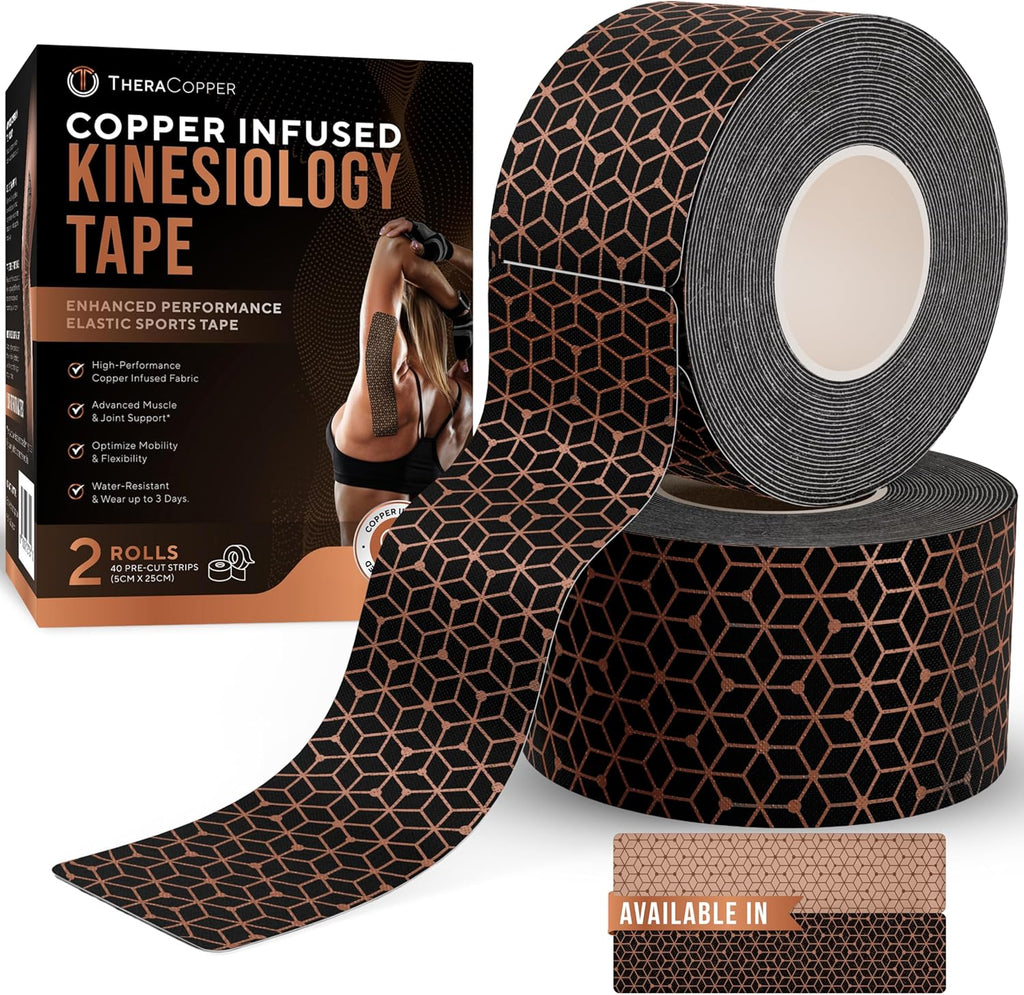 TheraCopper Copper Infused Kinesiology Tape – 2 Rolls (40 Precut Strips) – Advanced Waterproof Kinesiology Tape for Shoulder, Elbow, Bowling Wrist, Weightlifting, Muscle Strain & Joint Support (Black)