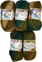 Alize Burcum batik wool 5 x 100 gram multicolored with color gradient , 500 grams (17,63 oz) knitting wool 1150 yds (1050 meters) green, beige 4684