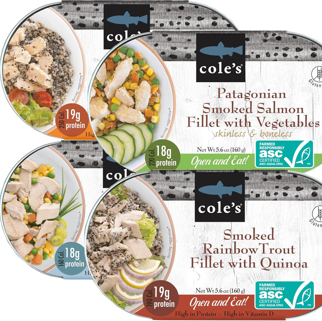 COLE’S Open & Eat Meals Variety Pack | 5.6 oz Hand-Packed Smoked Salmon & Trout with Quinoa & Vegetables | Ready to Eat Meals | High Protein, 4 Cans