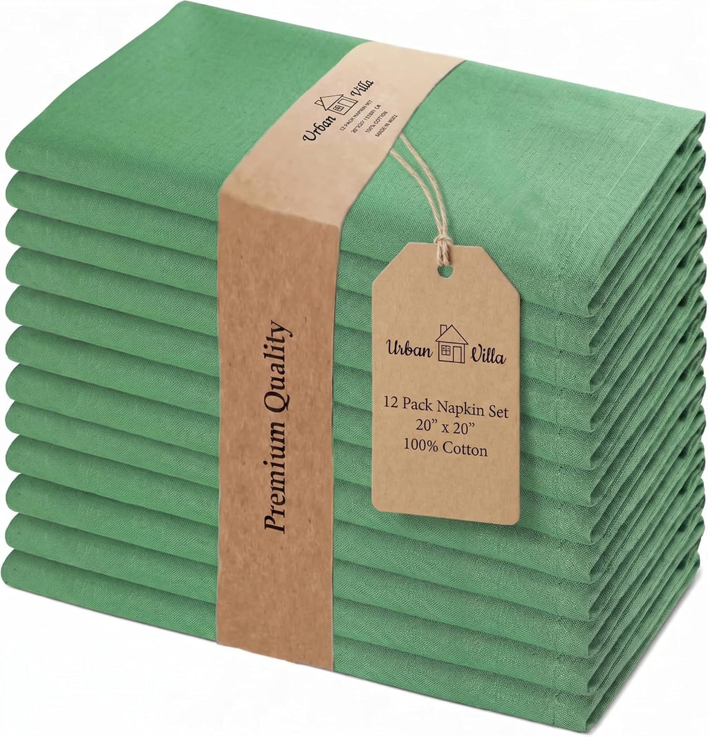 Urban Villa Cloth Napkins Set of 12 20x20 Inches 100% Cotton Napkins Cloth Washable Durable Reusable Absorbent Table Dinner Napkins Cloth for Christmas Parties Hotel Lunch Restaurant Weddings - Green