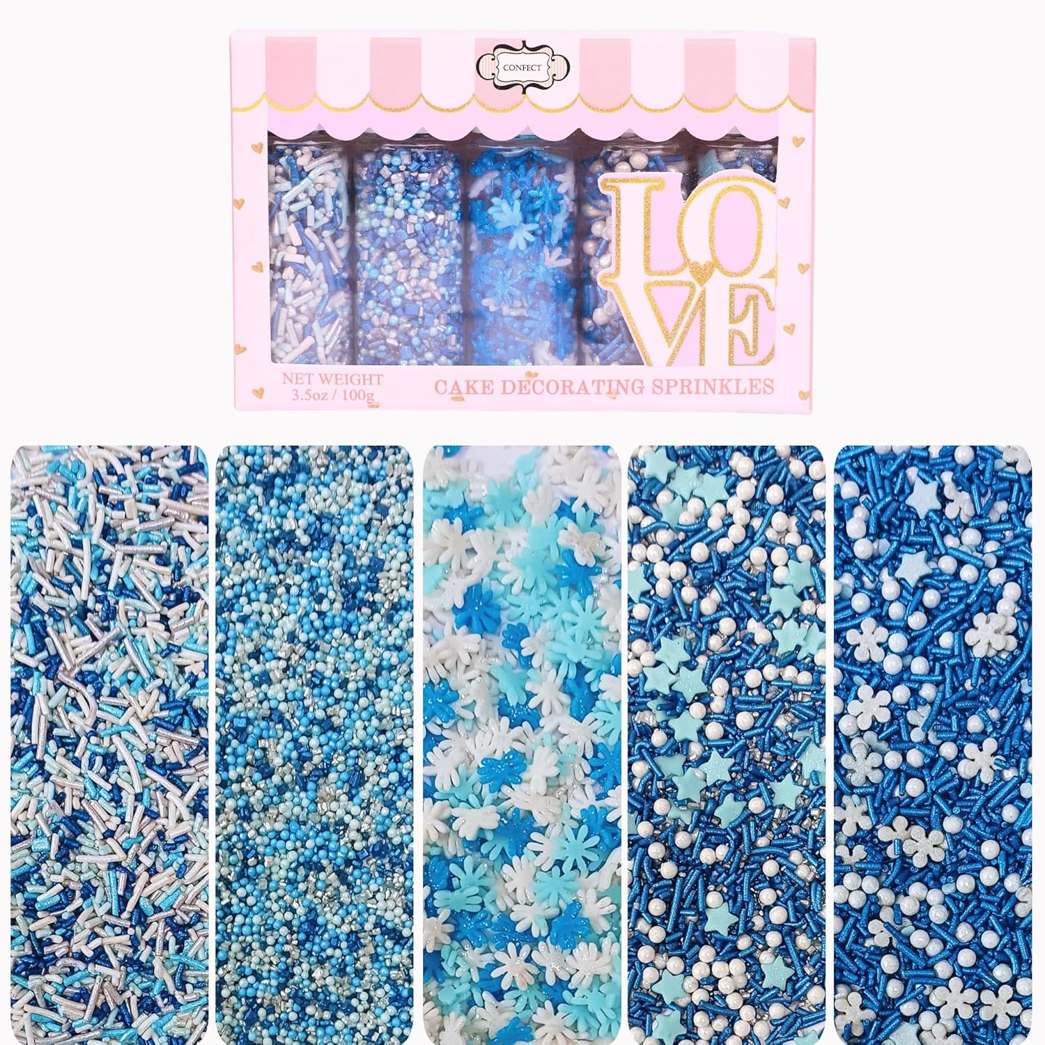 Confect Christmas Sprinkles | Sky Blue, Blue & White Mix | Edible Pearl, Star & Flower Shaped Sprinkles | Winter Holiday Cake & Cupcake Decorations- 5 Oz