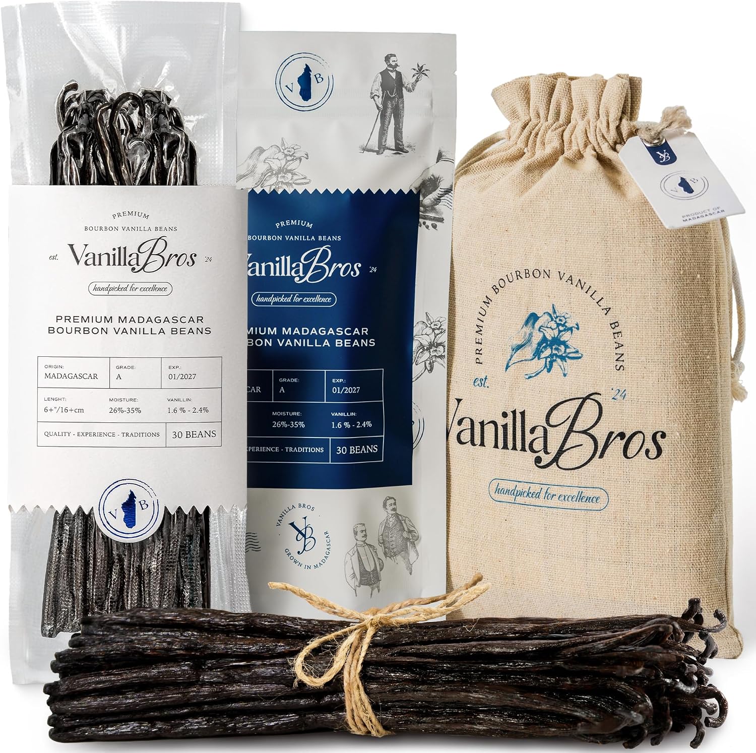 30 VanillaBros Madagascar Bourbon Vanilla Beans – Grade A Whole Pods (6.3–8.3") – Extra Long, Plump & Moist – For Baking, Desserts & Homemade Vanilla Extract – Rich High-Vanillin Aroma