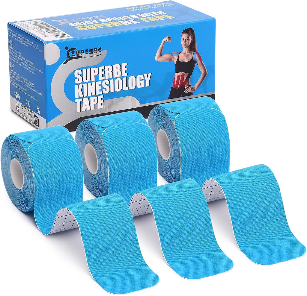 SUPERBE Precut Kinesiology Tape (3 Rolls Pack), Elastic Sports Tape for Pain Relief, Muscle Support, Recovery and Physio Therapy, Breathable, Waterproof (Blue)