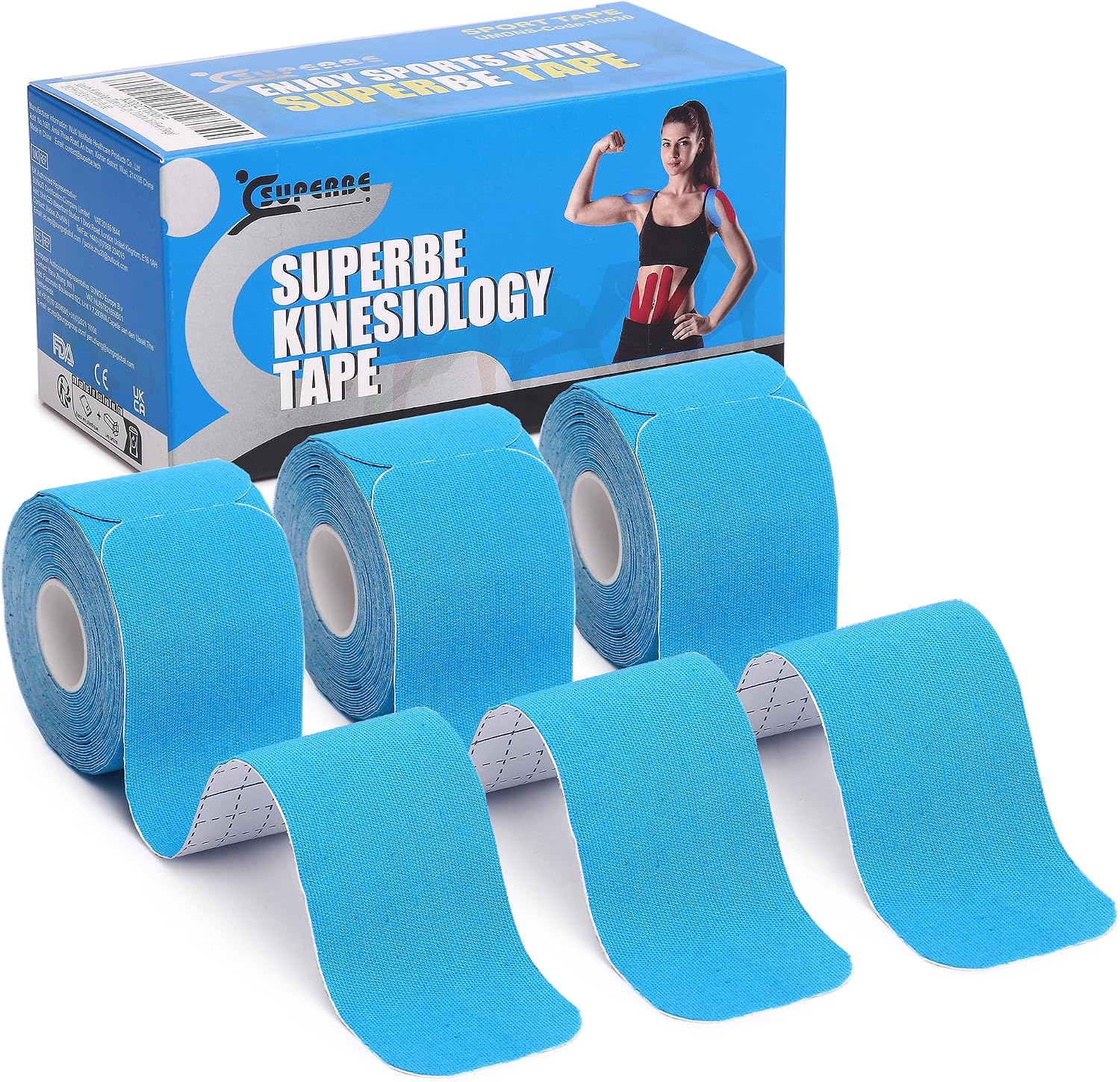 SUPERBE Precut Kinesiology Tape (3 Rolls Pack), Elastic Sports Tape for Pain Relief, Muscle Support, Recovery and Physio Therapy, Breathable, Waterproof (Blue)