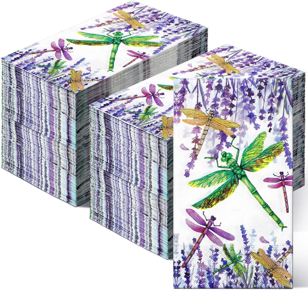 200 Pcs Dragonfly Napkins 2 Ply Summer Purple Flower Dragonfly Disposable Guest Towels for Bathroom Decorative Floral Paper Hand Towels for Dinner Holiday Party Supplies Wildflower Party Decorations