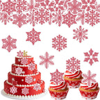 40PCS Edible Snowflake Cupcake Toppers Wafer Paper Snowflake Cupcake Toppers Edible Winter Snows Picks for Frozen Theme Party Decoration Supplies (Glitter Red)