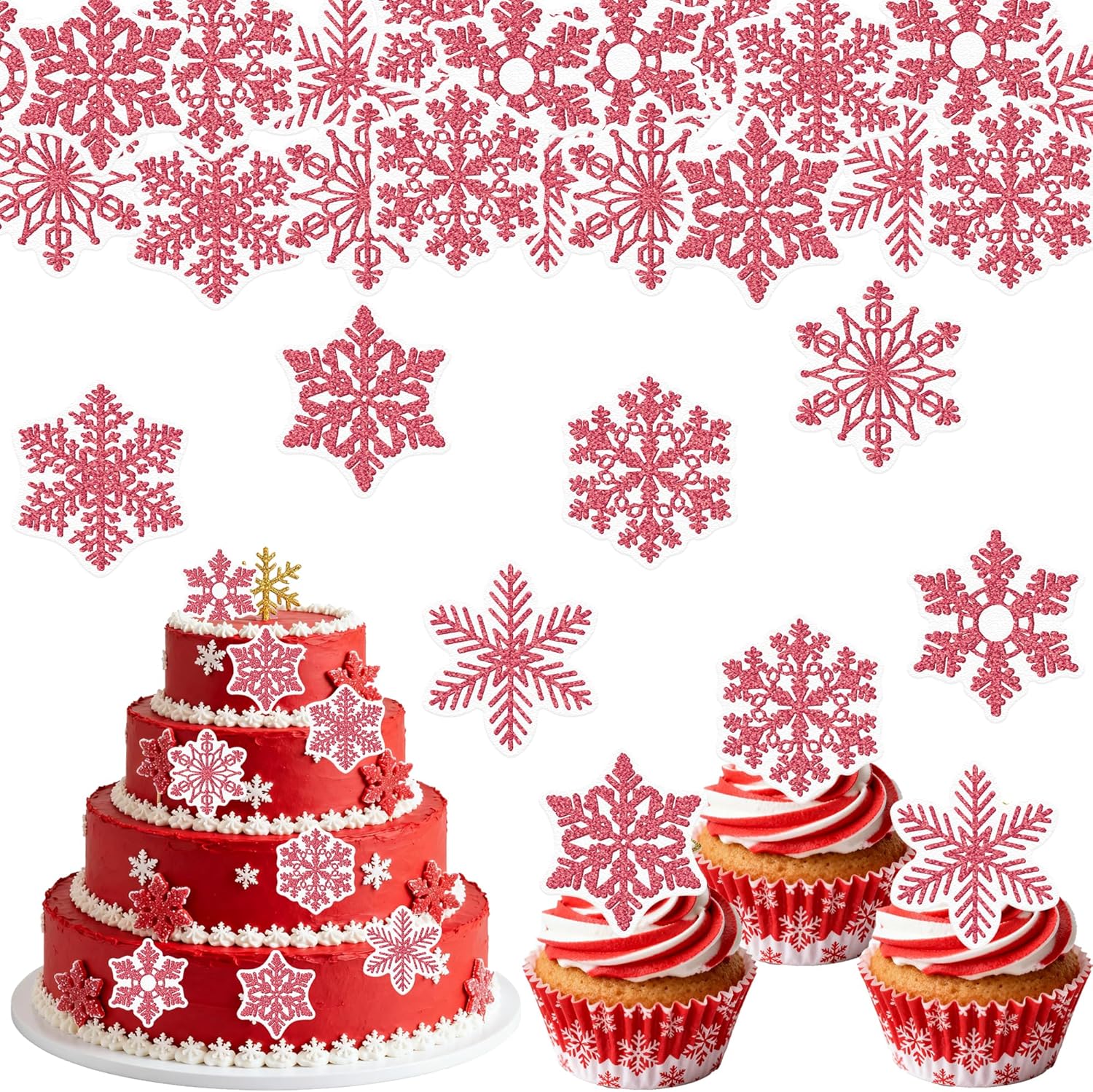 40PCS Edible Snowflake Cupcake Toppers Wafer Paper Snowflake Cupcake Toppers Edible Winter Snows Picks for Frozen Theme Party Decoration Supplies (Glitter Red)