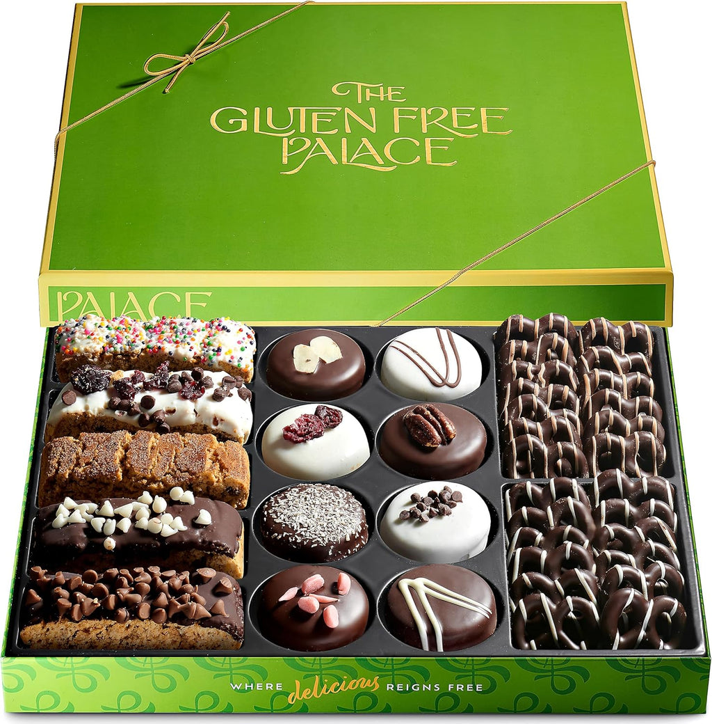 Gluten Free Palace Assorted Biscotti, Cookies & Pretzels Gift Box Premium Gluten Free Easter Cookies Gift Basket Elegant Chocolate Easter Treat Basket for Men, Women, Friends, & Family (15 Flavors)