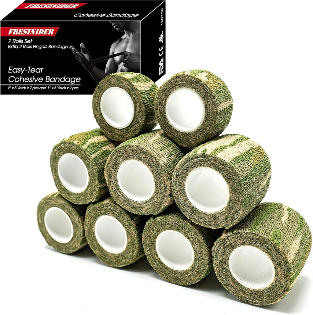 FRESINIDER 9 Rolls Self Adhesive Wrap Athletic Tape Gauze, Breathable Elastic Cohesive Bandage for Sports Injury & Pet (7 Pcs 2" x 5 Yards + 2 Pcs 1" X 5 Yards) (Forest Camo)