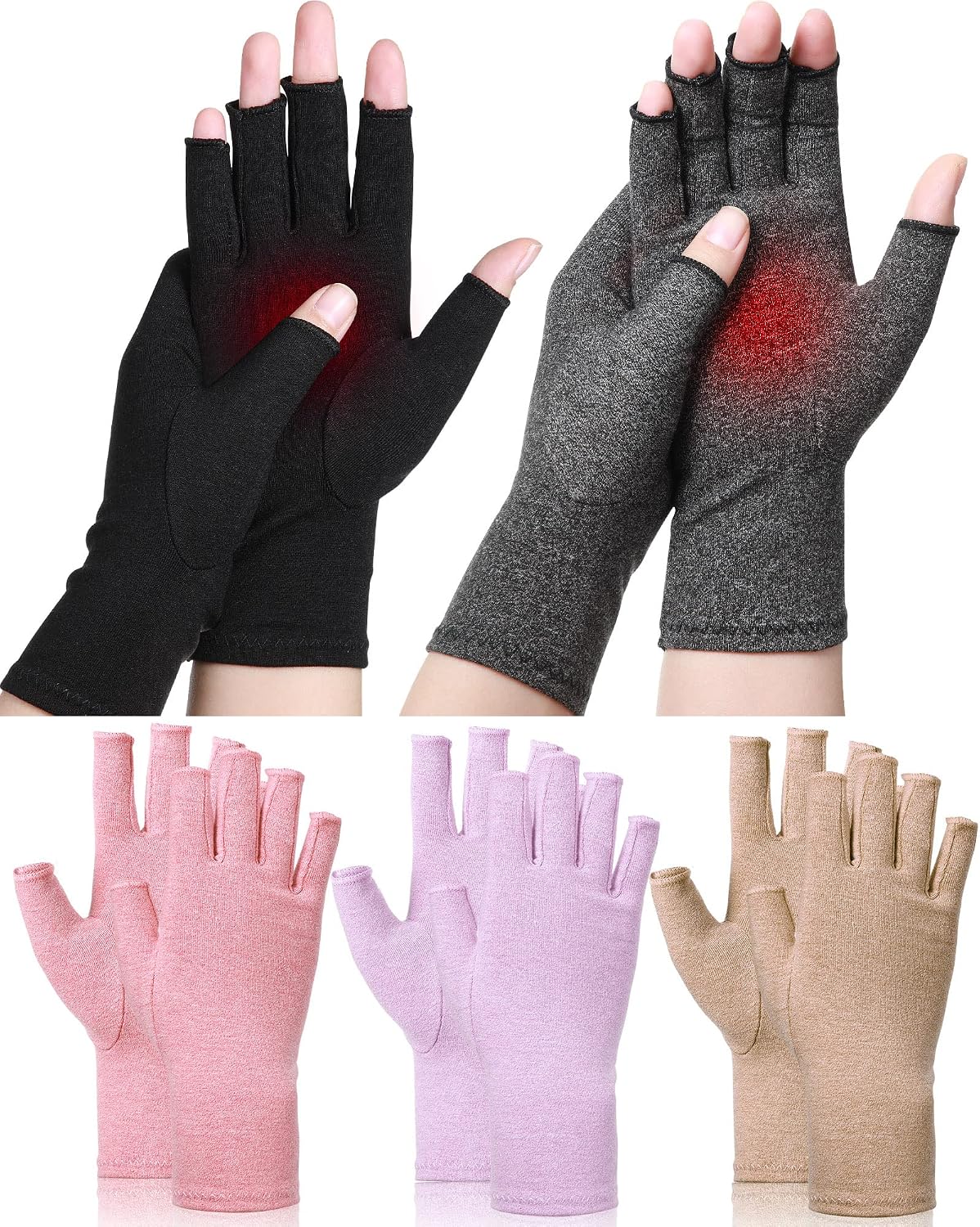 SATINIOR 5 Pairs Arthritis Compression Gloves Fingerless Compression Glove Pain Relief Glove for Arthritis Men Women(Large)
