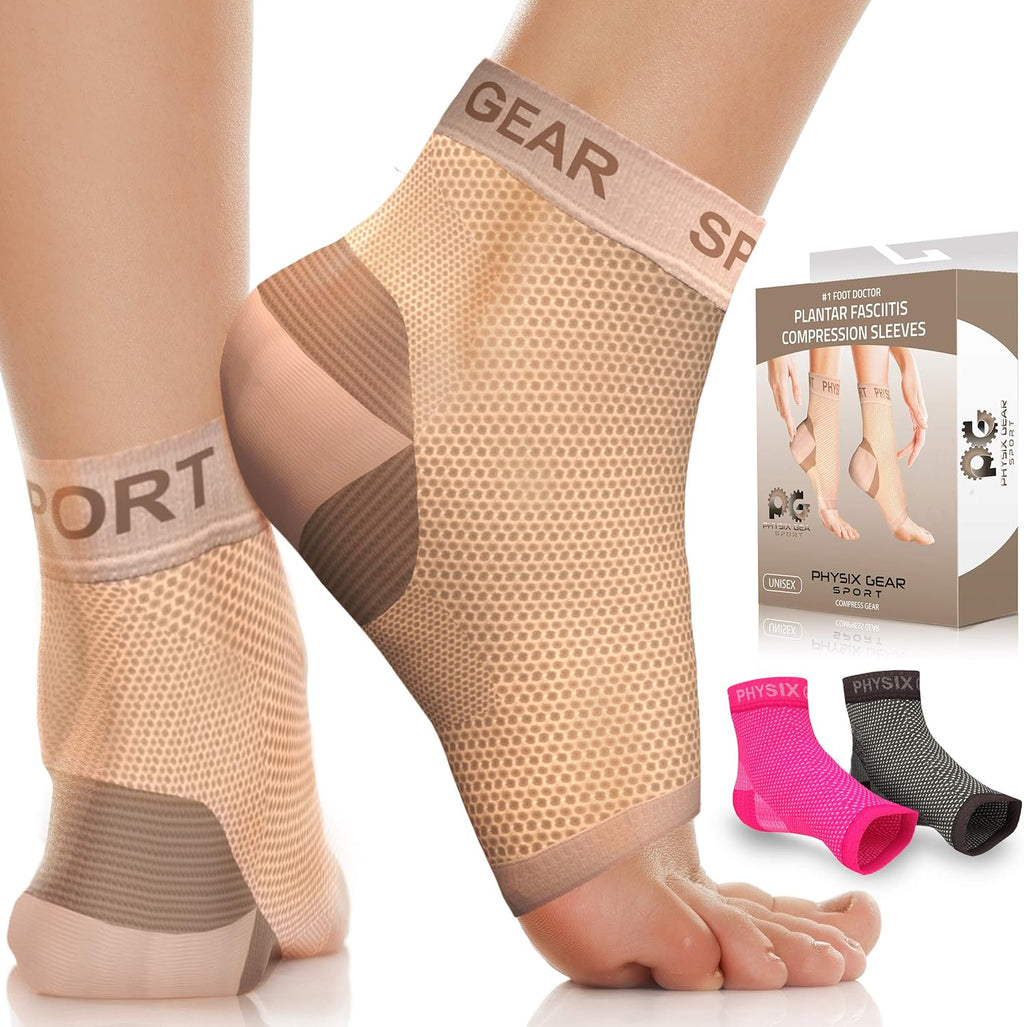Physix Gear Sport Plantar Fasciitis Socks with Arch Support for Men & Women - Ankle Compression Sleeve, Toeless Compression Socks Foot Pain Relief, Ankle Swelling - Better than Night Splint, Beige XXL