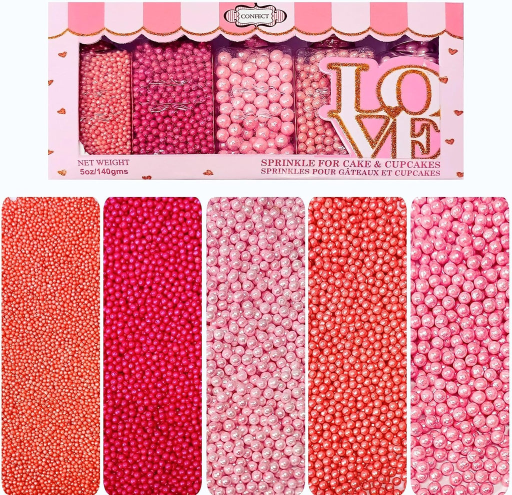 Confect Pretty in Pink Pearl Sprinkles Mix – Pink Sprinkles | Edible Baking Decorations for Cakes, Cupcakes, Cookies – Valentine’s Day & Anniversary Sprinkle Set – Pack of 5 | Vegan, Gluten-Free, Nut-Free, Soy-Free, Dairy-Free , Handcrafted Sprinkle- 5 Oz