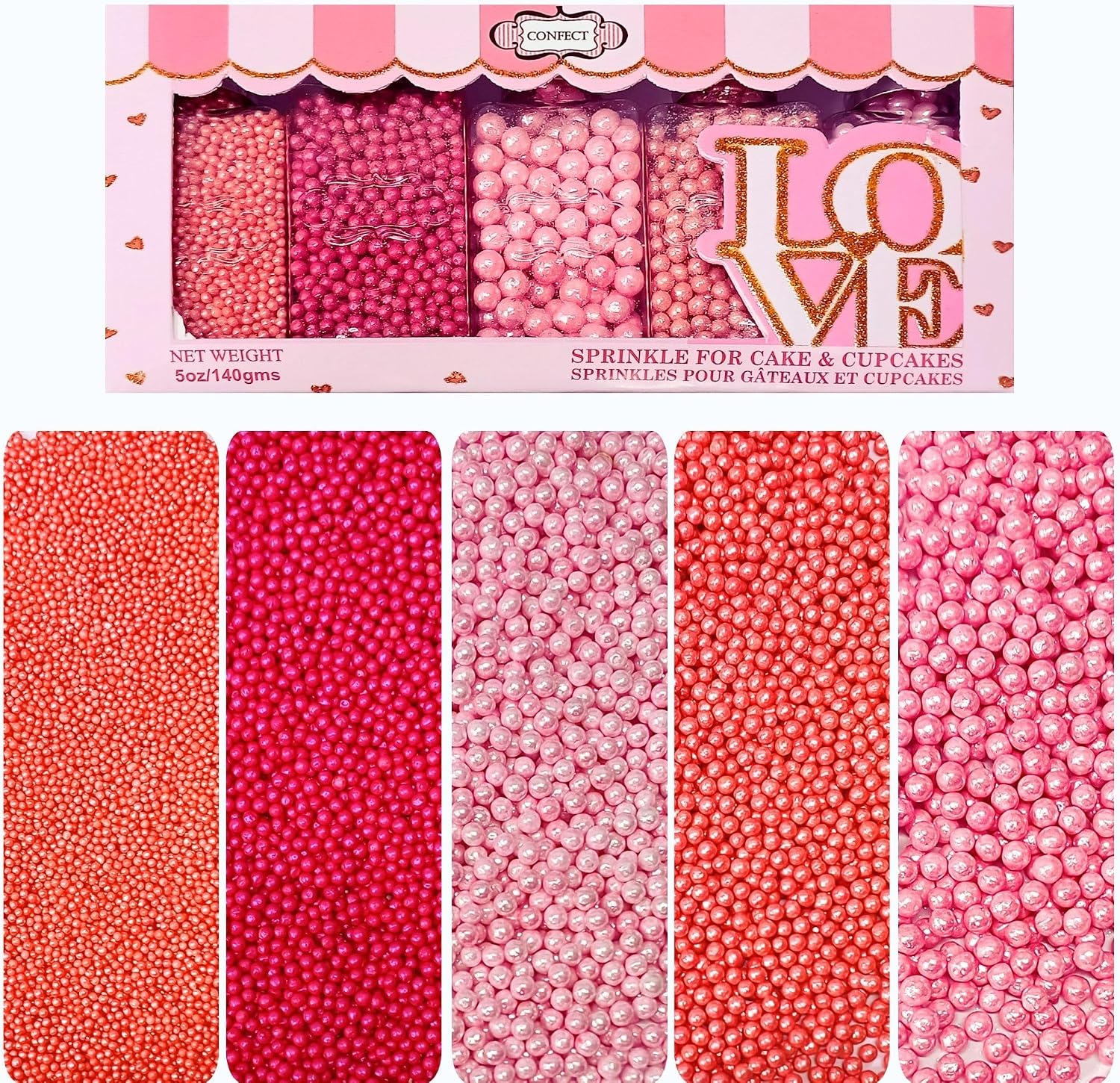 Confect Pretty in Pink Pearl Sprinkles Mix – Pink Sprinkles | Edible Baking Decorations for Cakes, Cupcakes, Cookies – Valentine’s Day & Anniversary Sprinkle Set – Pack of 5 | Vegan, Gluten-Free, Nut-Free, Soy-Free, Dairy-Free , Handcrafted Sprinkle- 5 Oz