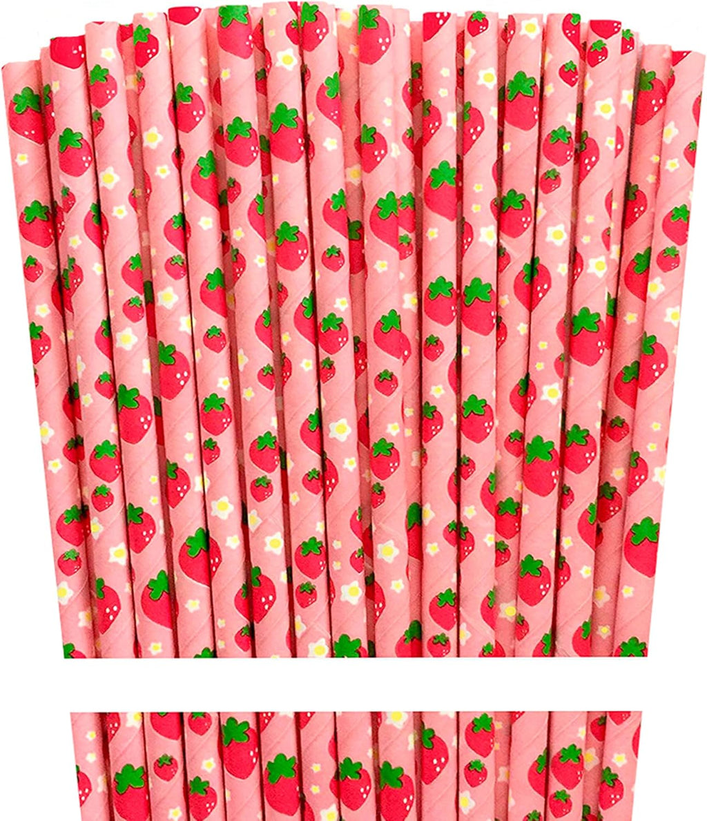 Paper Drinking Straws, Red Pink Green, 100 Count, Strawberry Design