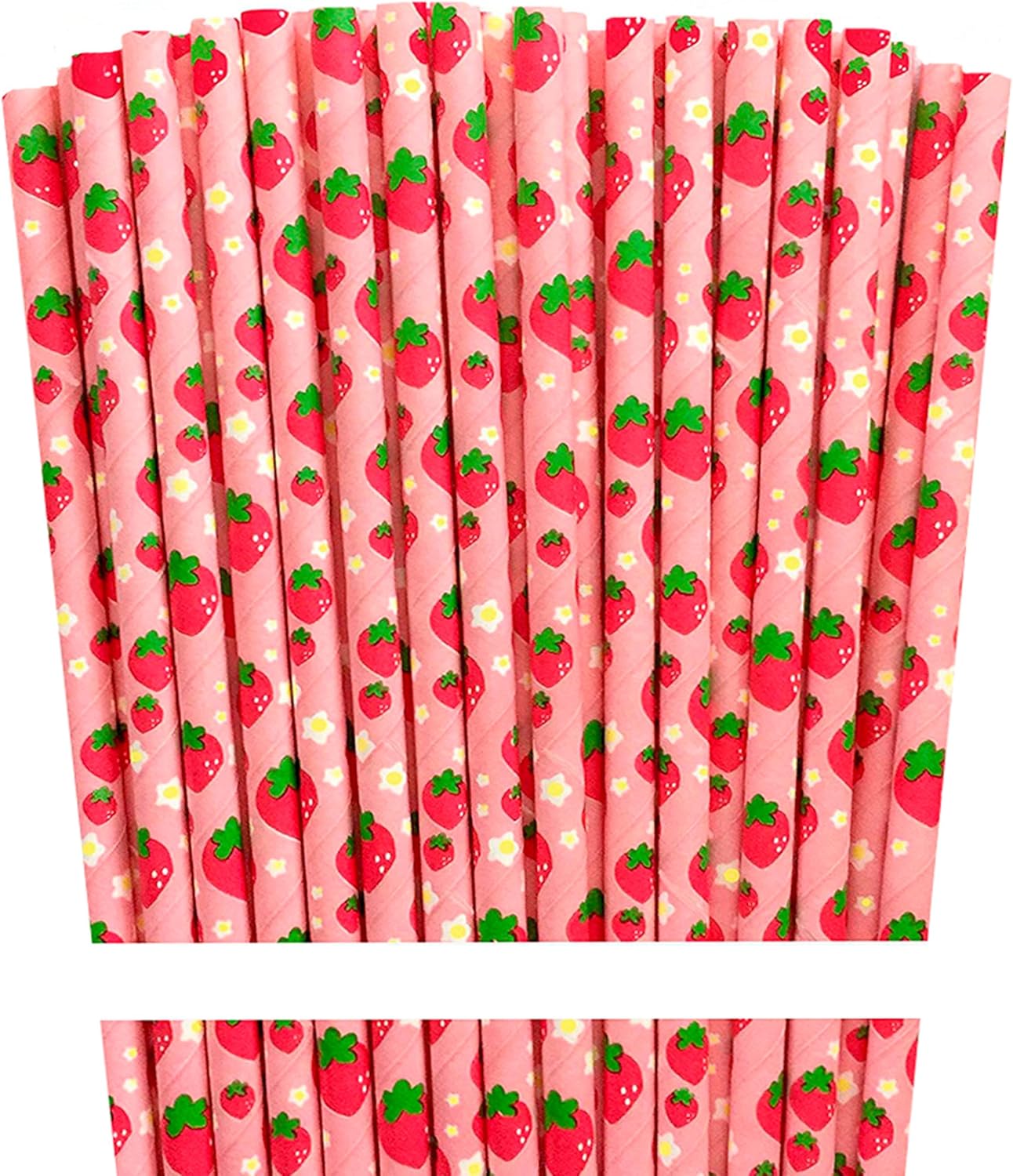 Paper Drinking Straws, Red Pink Green, 100 Count, Strawberry Design